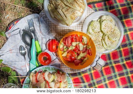 Outside Picnic Vegetables And Chicken