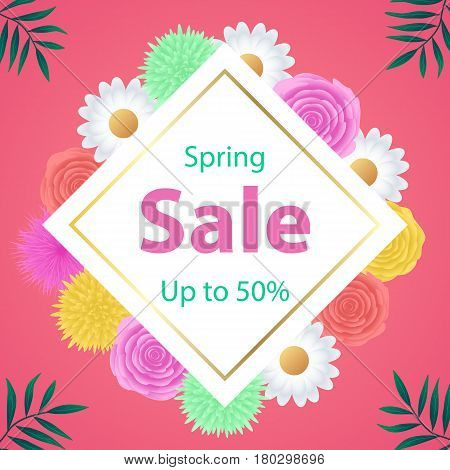 Spring sale background with beautiful colorful flower. Vector illustration.
