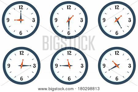 Set wall mounted round clock showing different time Stock vector illustration