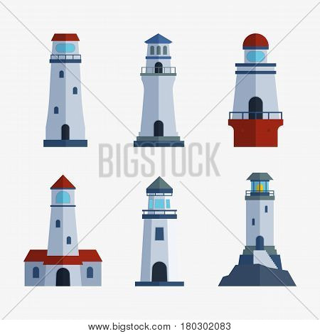 Cartoon flat lighthouse searchlight tower for maritime navigation guidance and ocean beacon light travel water sailing signal symbol vector illustration. Nautical building direction element with lamp.