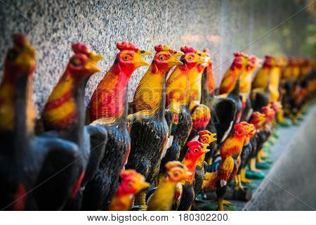 The row of chicken doll close up