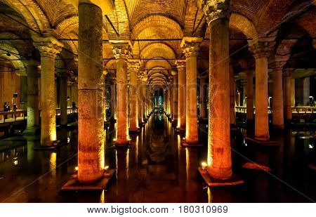 ISTANBUL - MAY 25, 2013: Inside the Basilica Cistern. It is the largest of several hundred ancient cisterns that lie beneath the city of Istanbul (formerly Constantinople).