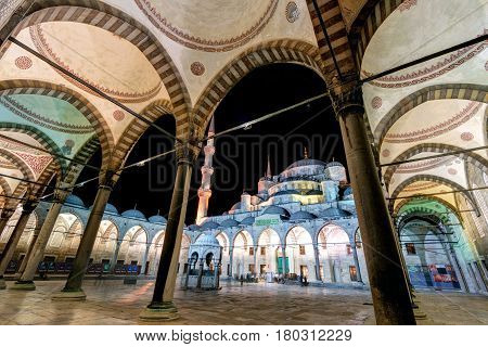 ISTANBUL - MAY 27: The inner courtyard of the Blue Mosque (Sultanahmet Camii) at night on May 27, 2013 in Istanbul, Turkey. The Blue Mosque is the most beautiful mosque and one of the main attractions of Istanbul.