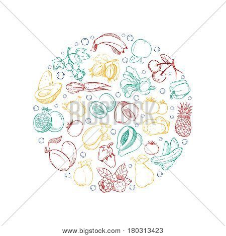 Vegan vector logo template with doodle vegetables and fruits. Drawing natural organic fruit illustration