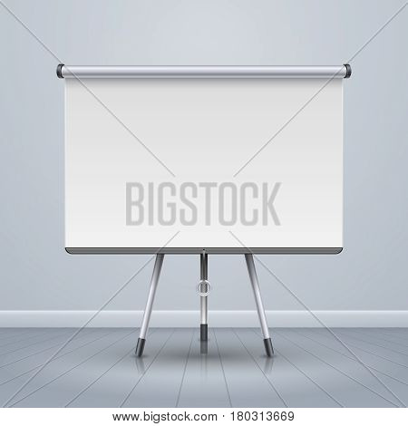 Whiteboard projector presentation screen vector illustration. Screen stand on tripod in room