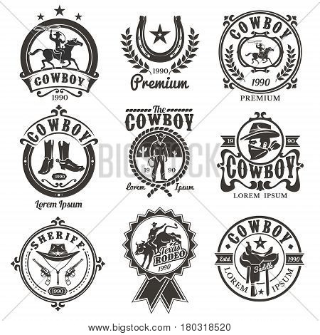 Set of rodeo logos, badges with cowboys silhouettes riding the bull and horse and rodeo accessory isolated on white