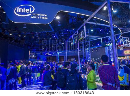 LAS VEGAS - JAN 08 : The Intel booth at the CES show in Las Vegas on January 08 2017 CES is the world's leading consumer-electronics show.
