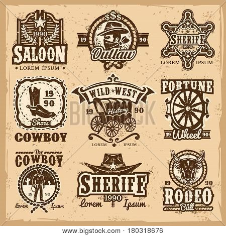 Set of wild west logos, badges with cowboy and attributes of the wild west isolated on white