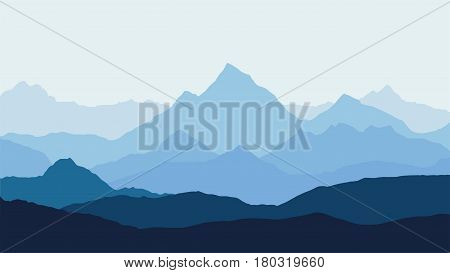 panoramic view of the mountain landscape with fog in the valley below with the alpenglow blue sky and rising sun - vector