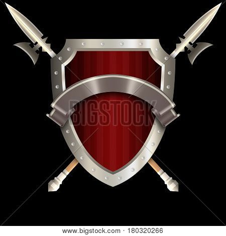 Medieval red shield with chrome riveted border two spears and silver ribbon on black background.
