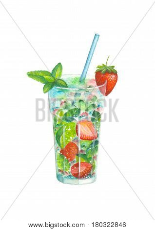 Watercolor strawberry mojito isolated on white background