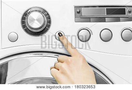 A woman's hand presses a button on the washing machine. Start the wash cycle.
