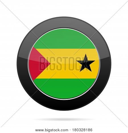 National flag of Sao Tome and Principe. Shiny black round button with shadow.