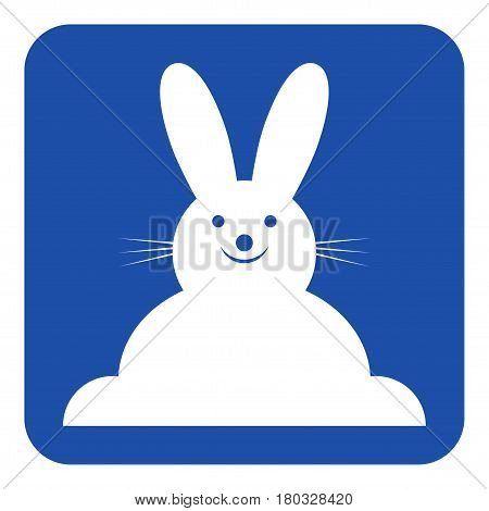 blue rounded square information road sign with white happy smiling rabbit - front view icon