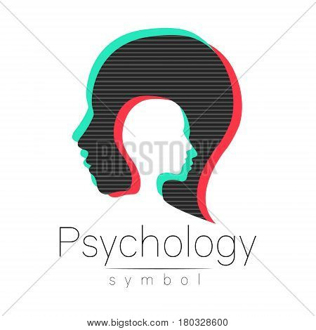 Modern head sign of Psychology. Profile Human. Glitch effect. Symbol in vector. Design concept. Brand company. isolated on white background. Icon for web, print. Look like old tv screen error