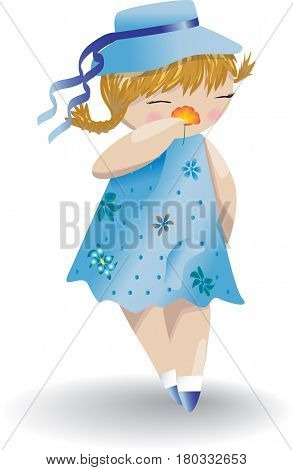 Girl in blue dress and hat with a flower