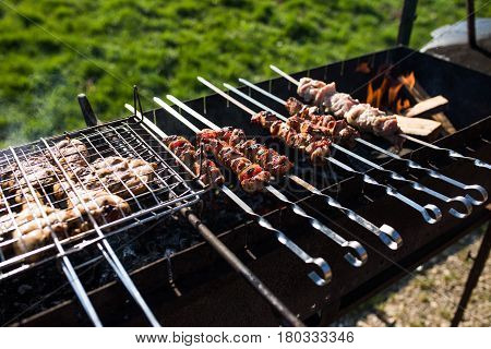 Closeup Of Some Meat Skewers Being Grilled In A Barbecue. Outdoors