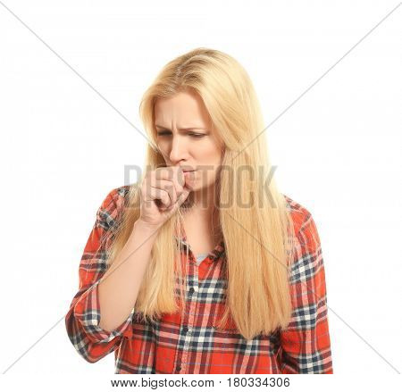 Young woman with allergy on white background