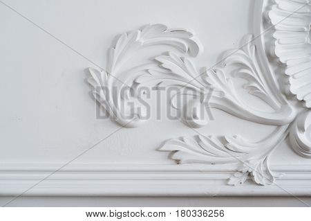 Luxury white wall design bas-relief with stucco mouldings roccoco element.