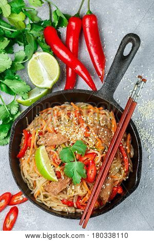 Starch (rice, Potatoes) Noodles With Beef And Vegetables - Bell Peppers, Carrots, Zucchini, Sesame S