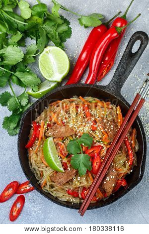 Starch (rice, Potatoes) Noodles With Beef And Vegetables - Bell Peppers, Carrots, Zucchini, Sesame S