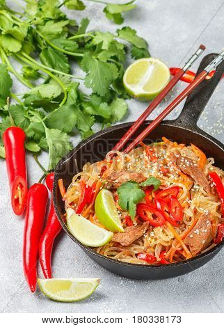 Starch (rice, Potatoes) Noodles With Beef And Vegetables - Bell Peppers, Carrots, Zucchini, Sesame S