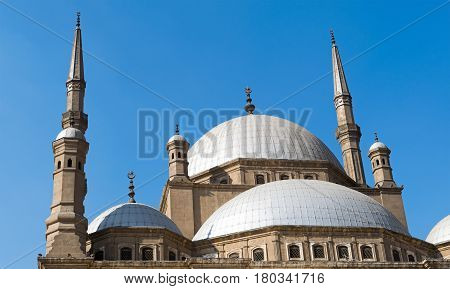 Domes of The great Mosque of Muhammad Ali Pasha (Alabaster Mosque) situated in the Citadel of Cairo Egypt commissioned by Muhammad Ali Pasha 1830 - 1848. Considered as one of the landmarks of Cairo
