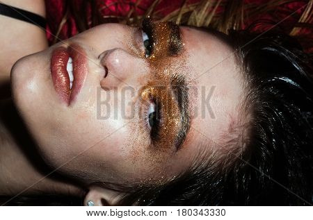 Pretty Girl With Holiday Golden Glitter Makeup