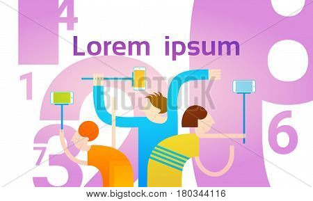 People Group Taking Selfie Photo On Smart Phone With Stick Flat Vector Illustration