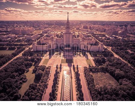 Aerial view of Lomonosov Moscow State University (MSU) on Sparrow Hills, Moscow, Russia