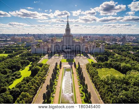 Aerial view of Lomonosov Moscow State University (MSU) on Sparrow Hills in Moscow, Russia