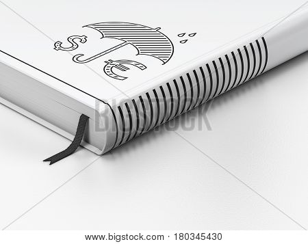 Privacy concept: closed book with Black Money And Umbrella icon on floor, white background, 3D rendering