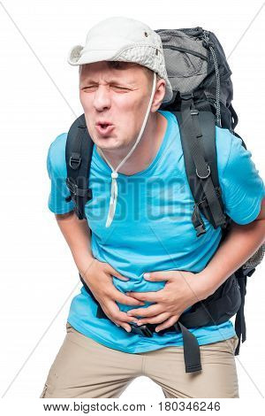 Man With A Sharp Pain In The Stomach In A Hike Against A White Background
