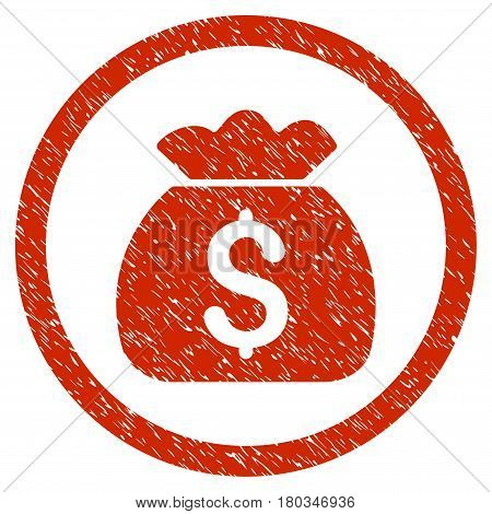 Money Bag grainy textured icon inside circle for overlay watermark stamps. Flat symbol with dust texture. Circled dotted vector red ink rubber seal stamp with grunge design on a white background.