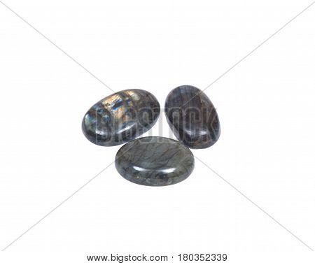 Labradorite cabochons free-form from Madagascar isolated on white background