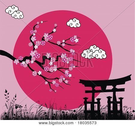 Japansk Sakura Blossom og Tori Gate - vektor Illustration
