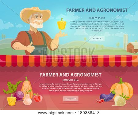 Colorful agriculture horizontal banners with agronomist on farm landscape fresh vegetables and organic fruits vector illustration