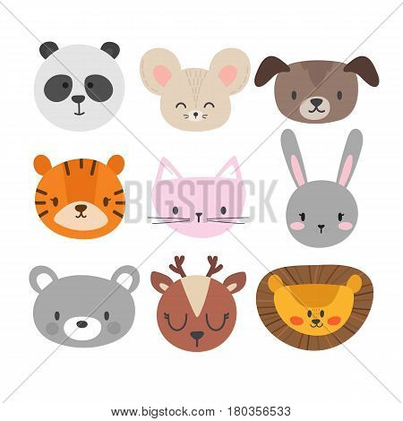 Set Of Cute Hand Drawn Smiling Animals. Cat, Bunny, Panda, Lion, Tiger, Dog, Deer, Mouse And Bear. C