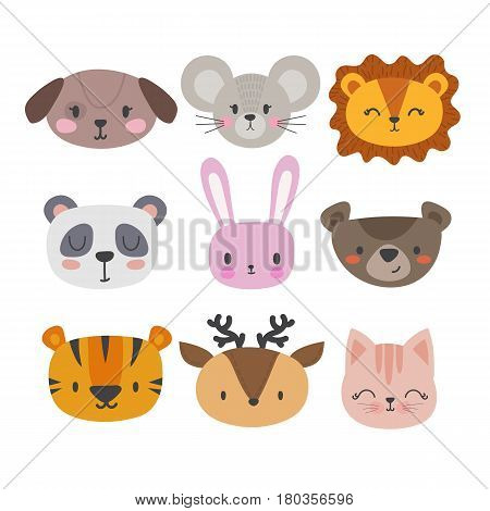 Set Of Cute Hand Drawn Smiling Animals. Cat, Panda, Tiger, Dog, Deer, Lion, Bunny, Mouse And Bear. C