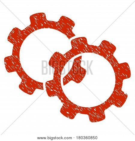Grunge Gears icon with grunge design and dust texture. Unclean vector red pictogram for rubber seal stamp imitations and watermarks. Draft sign symbol.