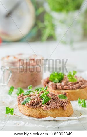 Crisp Bruschetta With Fegatini And Herbs For A Snack