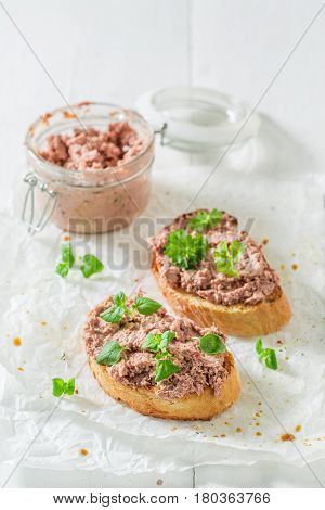 Tasty Bruschetta With Fegatini And Herbs For A Snack