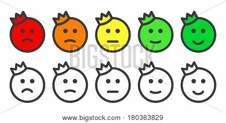 Emoji icons, emoticons with crown for rate of satisfaction level. Five grade smileys for using in surveys. Isolated vector illustration on white background