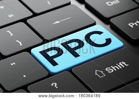 Advertising concept: computer keyboard with word PPC, selected focus on enter button background, 3D rendering