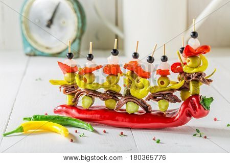 Tasty Banderillas With Peppers, Olives And Anchovies For A Party