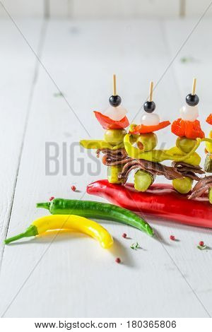 Tasty Banderillas With Peppers, Olives And Anchovies For Spanish Corrida