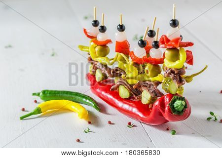 Homemade Banderillas With Peppers, Olives And Anchovies For A Party