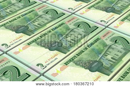 Zimbabwean dollar bills stacked background. 3D illustration.