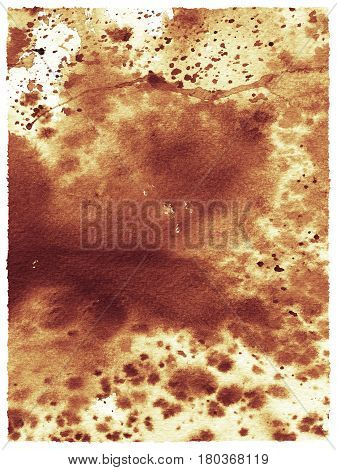 Watercolor background of brown burgundy color with splashes stains blots and spots. Abstract modern illustration with watercolour artistic splatter.