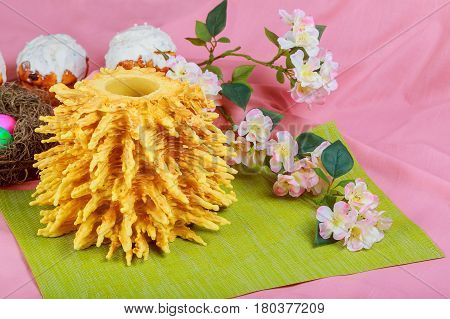 Traditional Lithuanian Cake On Skewer Easter Bread Decorated Eggs